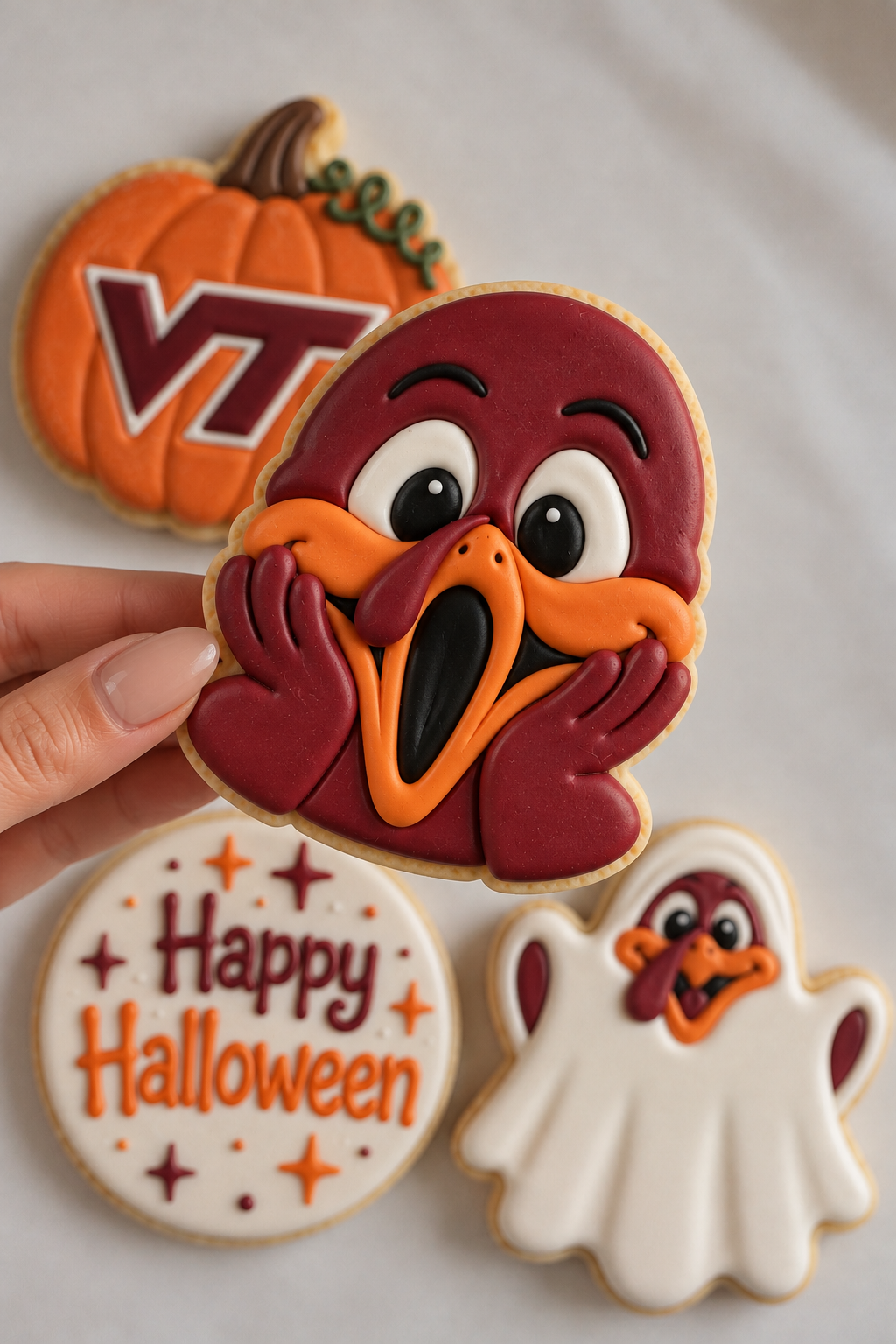Close-up of the HokieBird-inspired Halloween cookie